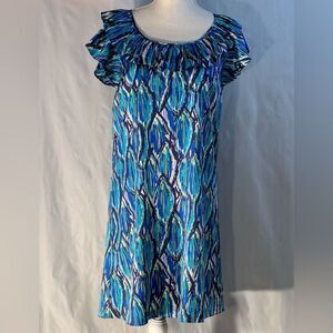 Gianni Bini Blue Green Teal Cap Sleeves Ruffle Neckline  Sheath Dress XS
